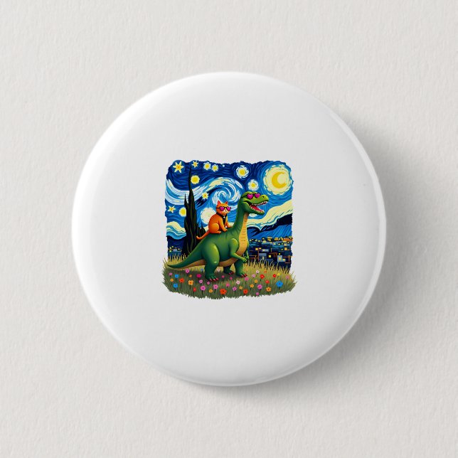 Cat Riding Dinosaur T-Rex Starry Night Cat Lover ( Button (Front)