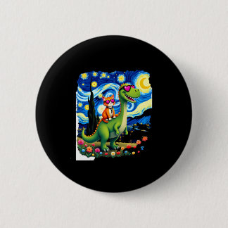 Cat Riding Dinosaur T-Rex Starry Night Cat Lover ( Button
