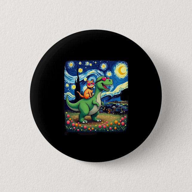 Cat Riding Dinosaur T-Rex Starry Night Cat Lover ( Button (Front)