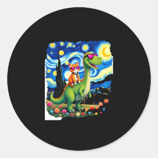 Cat Riding Dinosaur T-Rex Starry Night Cat Lover ( Classic Round Sticker