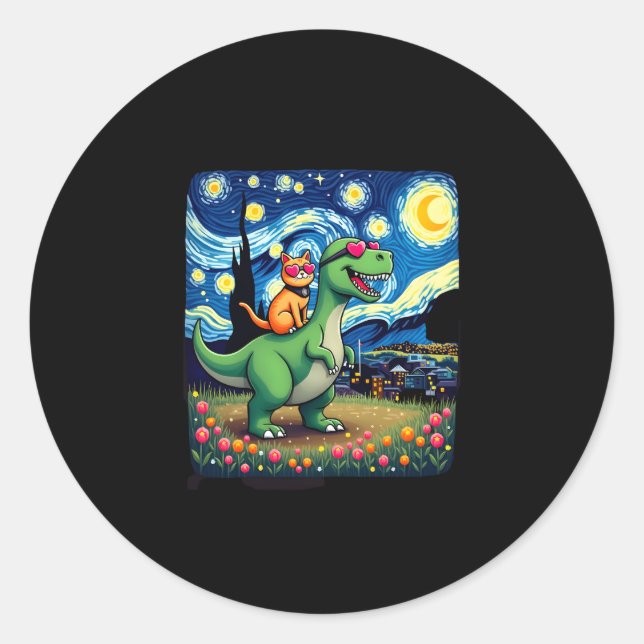 Cat Riding Dinosaur T-Rex Starry Night Cat Lover ( Classic Round Sticker (Front)
