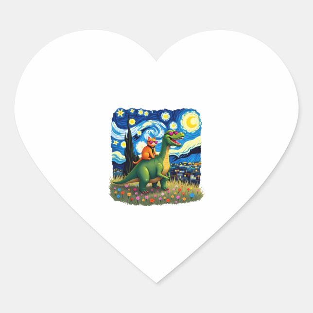 Cat Riding Dinosaur T-Rex Starry Night Cat Lover ( Heart Sticker (Front)