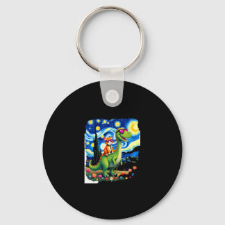 Cat Riding Dinosaur T-Rex Starry Night Cat Lover ( Keychain