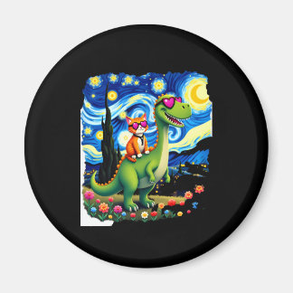 Cat Riding Dinosaur T-Rex Starry Night Cat Lover ( Magnet
