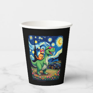 Cat Riding Dinosaur T-Rex Starry Night Cat Lover ( Paper Cups