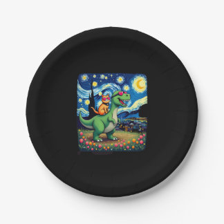 Cat Riding Dinosaur T-Rex Starry Night Cat Lover ( Paper Plates