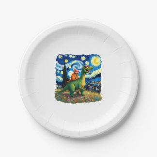 Cat Riding Dinosaur T-Rex Starry Night Cat Lover ( Paper Plates