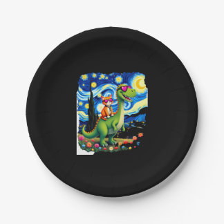 Cat Riding Dinosaur T-Rex Starry Night Cat Lover ( Paper Plates