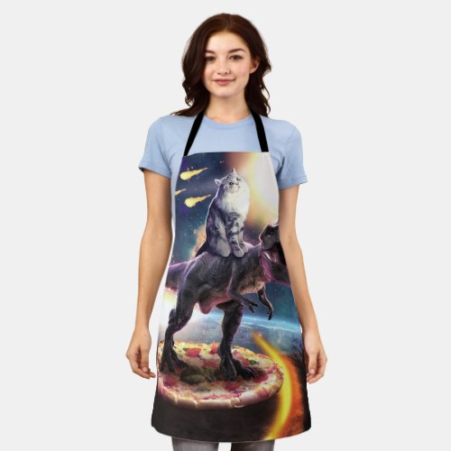 Cat riding dinosaur unicorn in space apron