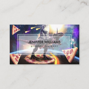Cat riding dinosaur unicorn in space               business card