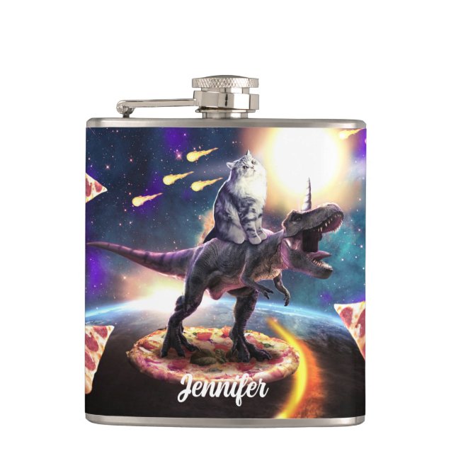 Cat riding dinosaur unicorn in space               flask (Front)