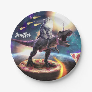 Cat riding dinosaur unicorn in space               paper plates