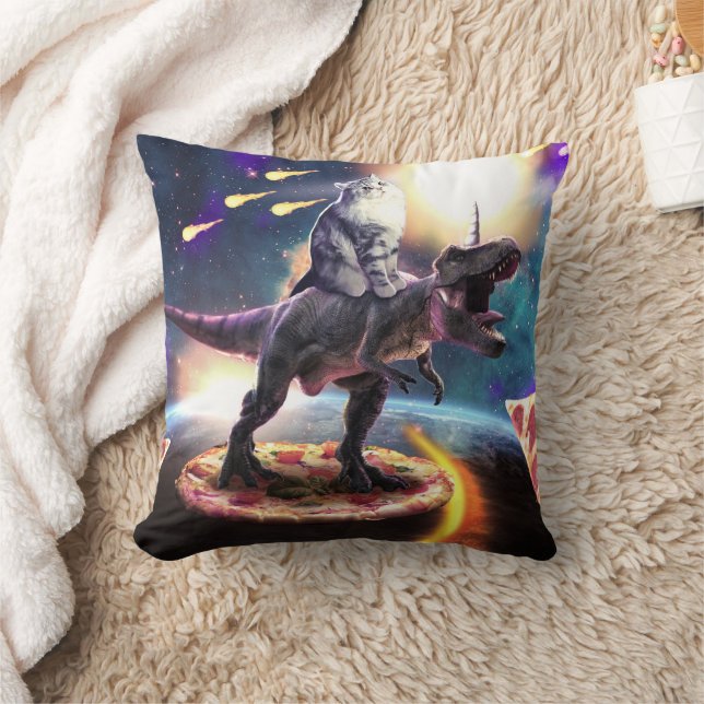 Cat riding dinosaur unicorn in space               throw pillow (Blanket)