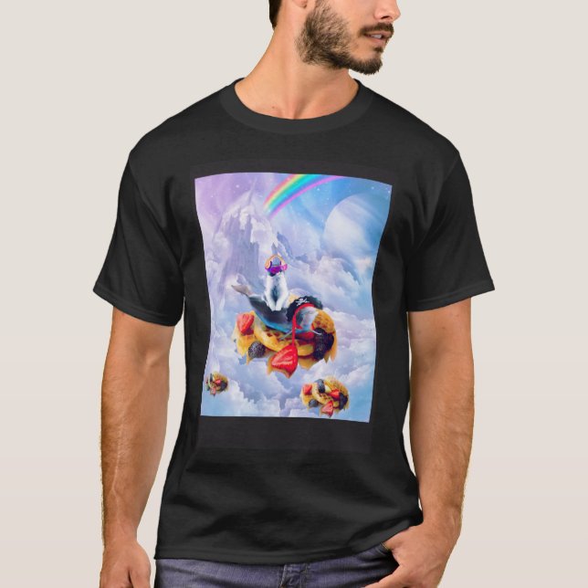 Cat Riding Dolphin On Clouds And Waffles T-Shirt (Front)