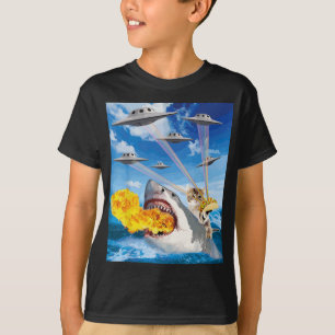 Cat Riding Fire Breathing Shark Rainbow Laser Taco T-Shirt