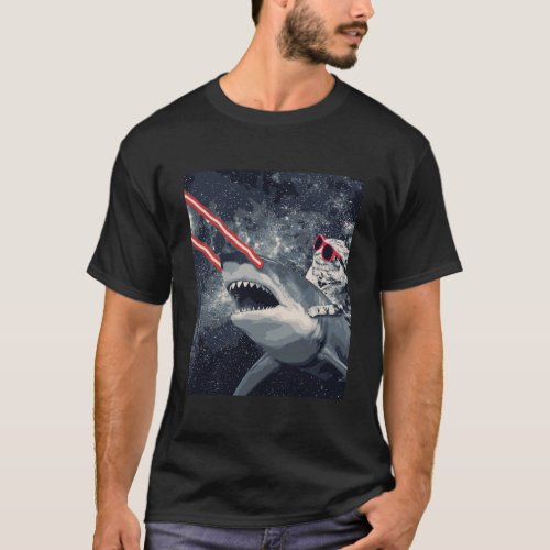 Cat Riding Laser Space Shark T_Shirt