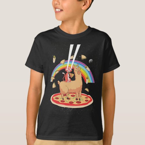 Cat Riding Llama Unicorn Laser Eyes Pizza Outer Sp T_Shirt