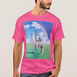 Cat Riding Llama Unicorn Rainbow Ufo T-Shirt
