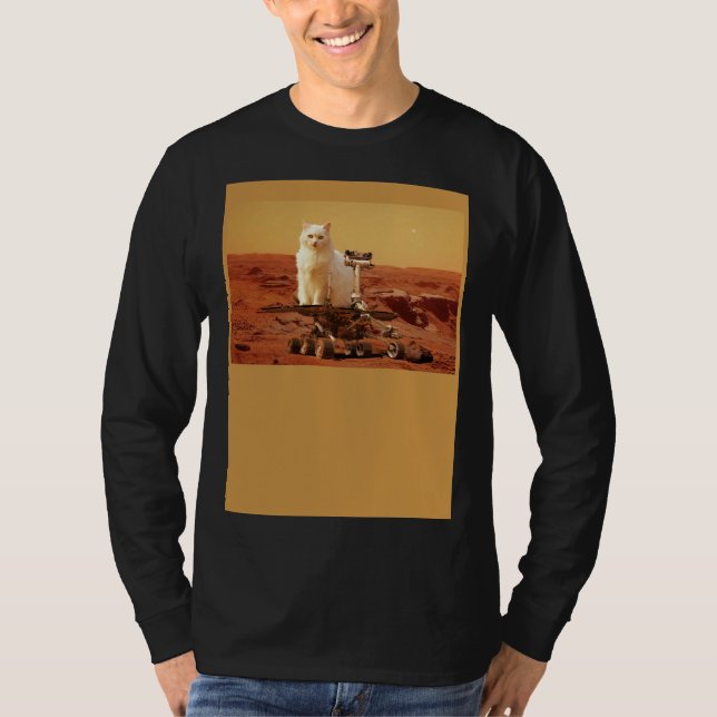 Cat Riding Mars Rover on Foreign Landscape T-Shirt (Front)