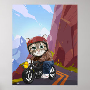 Cat Riding Motorcycle On Mountain Road Poster