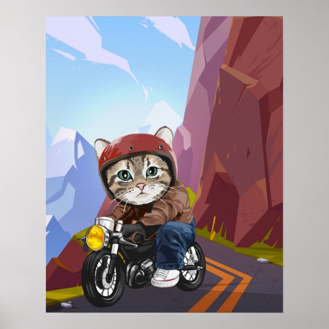 Cat Riding Motorcycle On Mountain Road Poster (Front)