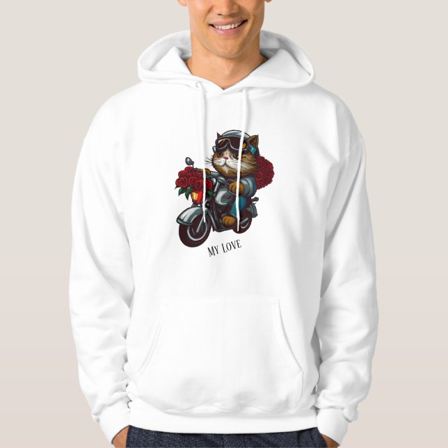 Cat riding motorcycle red roses flowers my love hoodie (Front)