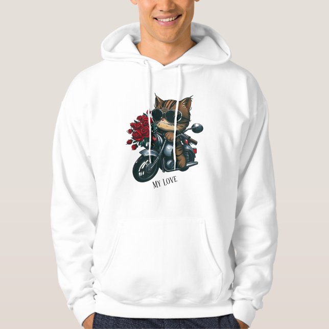 Cat riding motorcycle red roses flowers my love hoodie (Front)