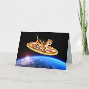 CAT RIDING PIZZA IN SPACE BIRTHDAY CARD