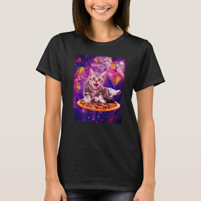 Cat Riding Pizza In Space Galaxy Taco Kitten Cats  T-Shirt (Front)
