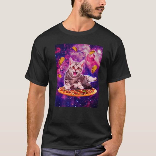 Cat Riding Pizza In Space Galaxy Taco Kitten Cats  T-Shirt (Front)