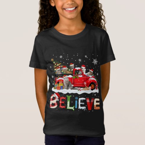 Cat Riding Red Truck Christmas Tree Believe Santa  T_Shirt