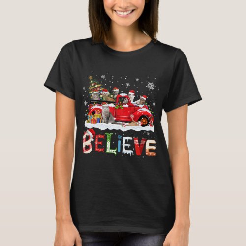 Cat Riding Red Truck Christmas Tree Believe Santa  T_Shirt