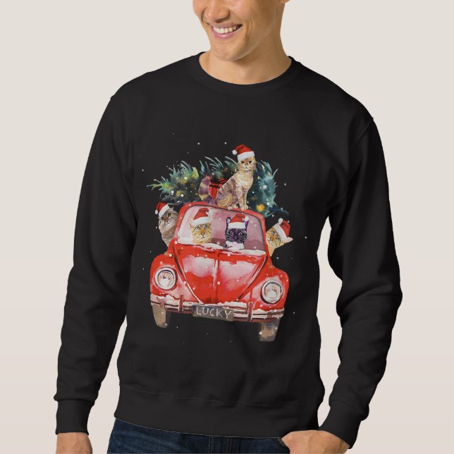 Cat Riding Red Truck Christmas Tree Cat Santa Hat  Sweatshirt (Front)