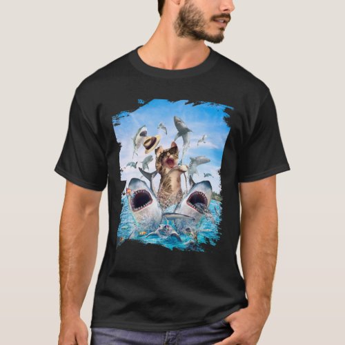 Cat Riding Shark Beach Ocean Cats Sharks Sunglas T_Shirt