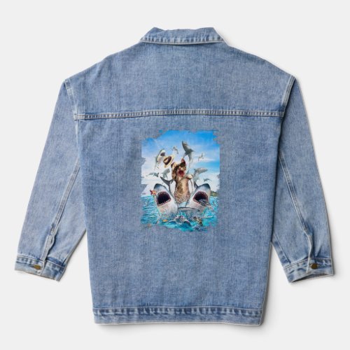 Cat Riding Shark Beach Ocean Cats Sharks Sunglasse Denim Jacket