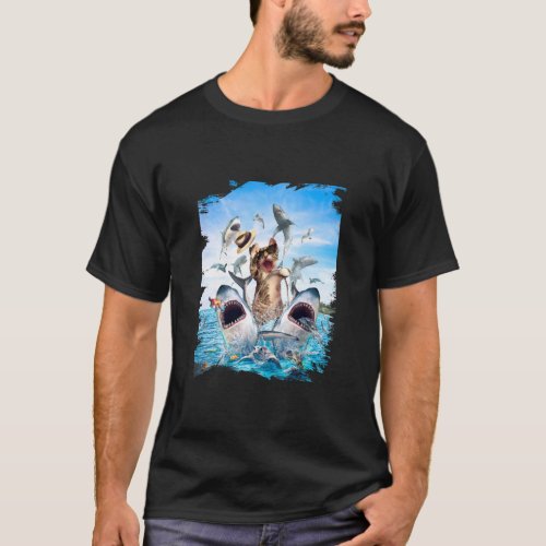 Cat Riding Shark Beach Ocean Cats Sharks Sunglasse T_Shirt