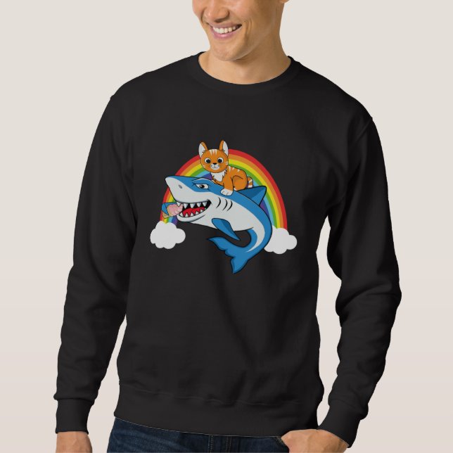 Cat Riding Shark Eating Ice Cream Rainbow For Cat Sweatshirt (Front)