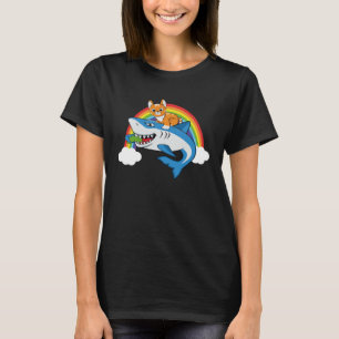 Cat Riding Shark Eating Pickle With Rainbow For Ca T-Shirt