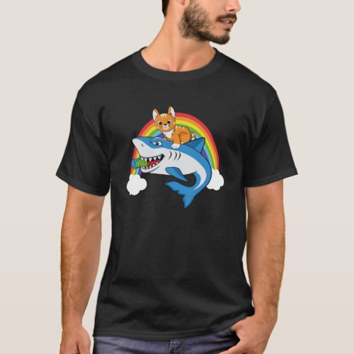 Cat Riding Shark Eating Pickle With Rainbow For Ca T_Shirt