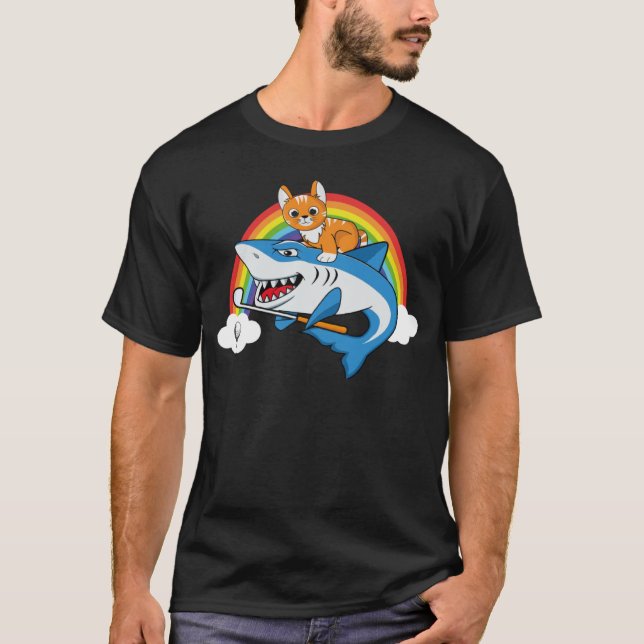 Cat Riding Shark Playing Golf With Rainbow Graphic T-Shirt (Front)