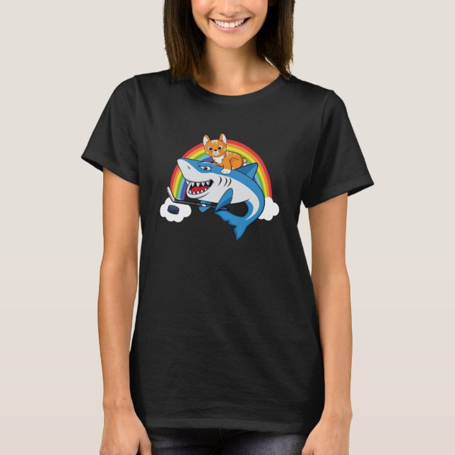 Cat Riding Shark Playing Ice Hockey With Rainbow G T-Shirt (Front)