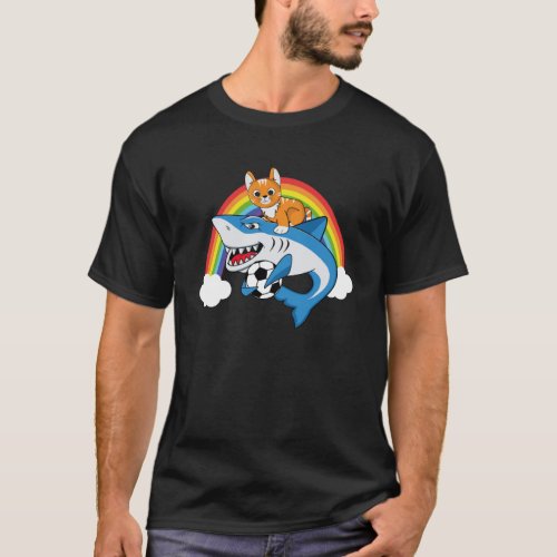 Cat Riding Shark Playing Soccer With Rainbow Graph T_Shirt