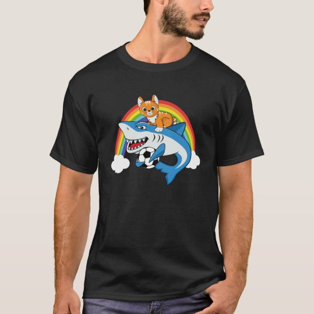 Cat Riding Shark Playing Soccer With Rainbow Graph T-Shirt (Front)