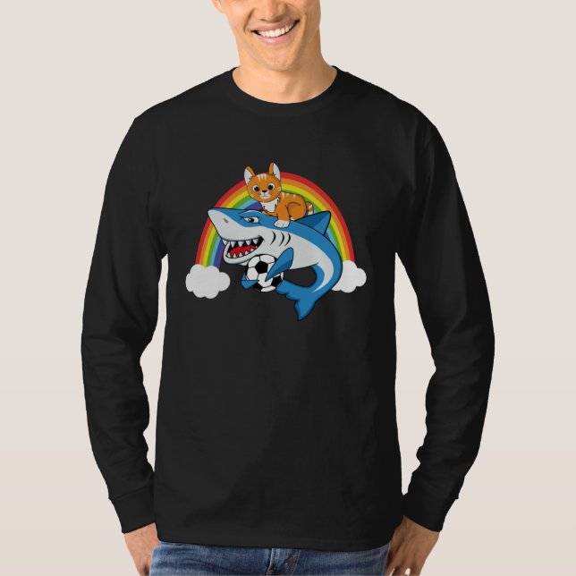 Cat Riding Shark Playing Soccer With Rainbow Graph T-Shirt (Front)