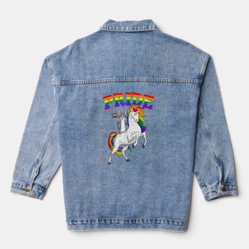 Cat Riding Unicorn Gay Pride Rainbow Lgbtq  Denim Jacket