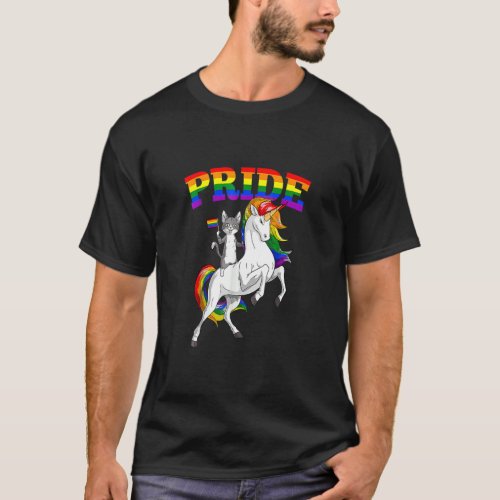 Cat Riding Unicorn Gay Pride Rainbow Lgbtq  T_Shirt