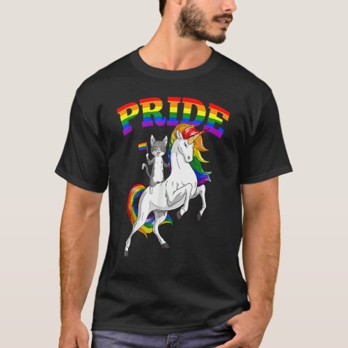 Cat Riding Unicorn Gay Pride Rainbow Lgbtq T_Shirt