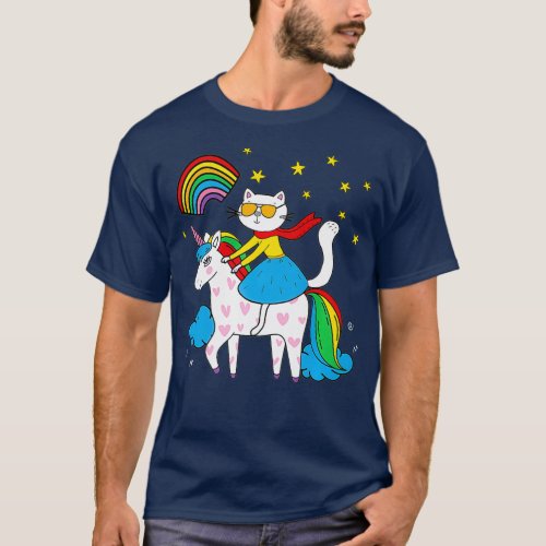 Cat Riding Unicorn  Rainbow Stars Clouds Kittens T_Shirt