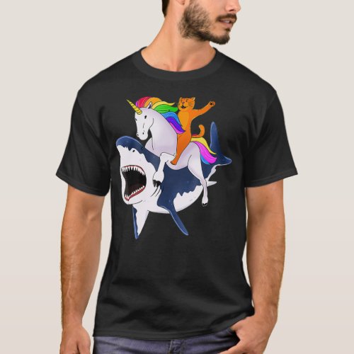 Cat Riding Unicorn Riding Shark Gift  T_Shirt