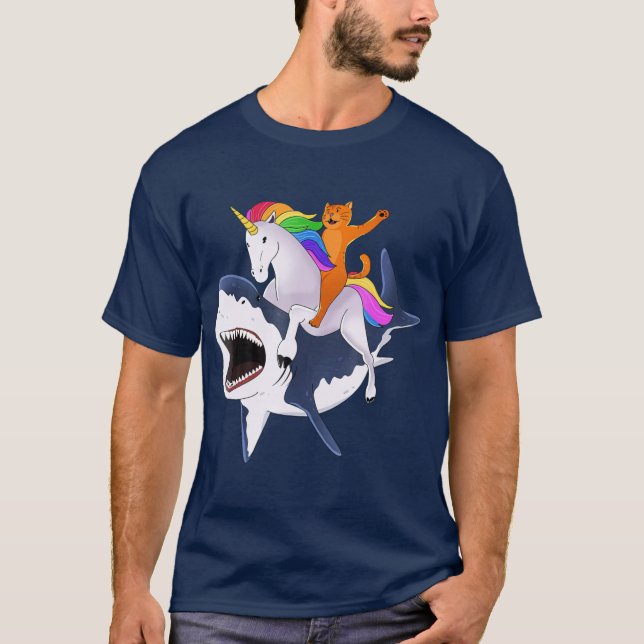 Cat Riding Unicorn Riding Shark Gift T-Shirt (Front)